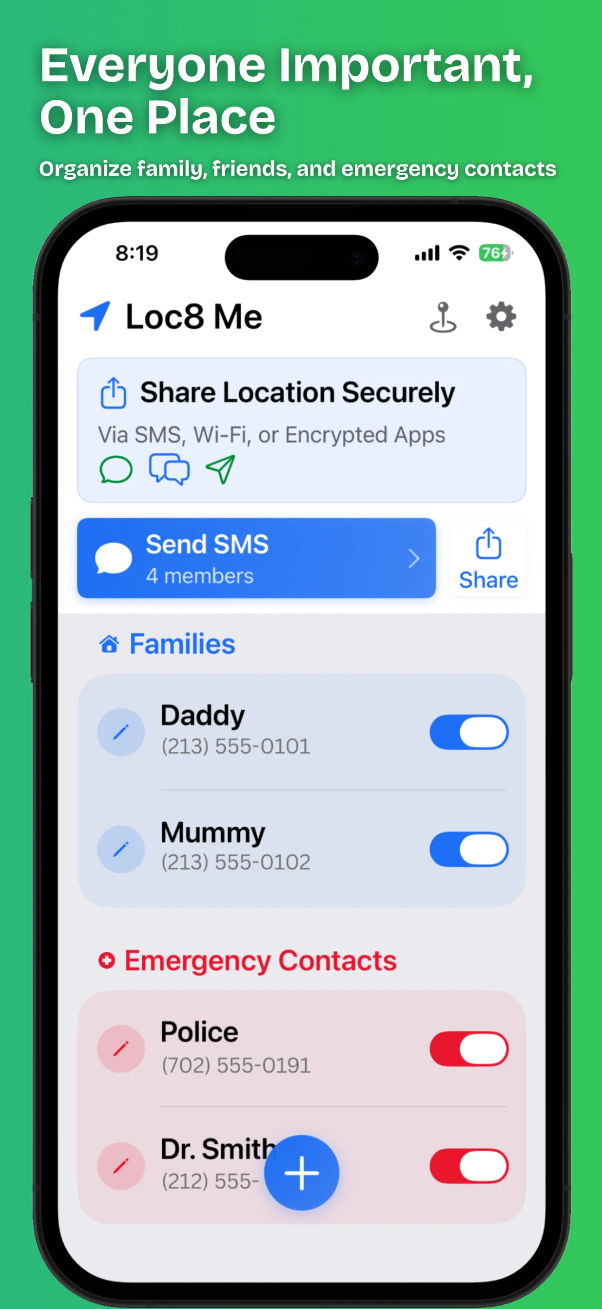 Loc8 Me's contact list grouped into Families and Emergency Contacts, each with a toggle to consent to sharing