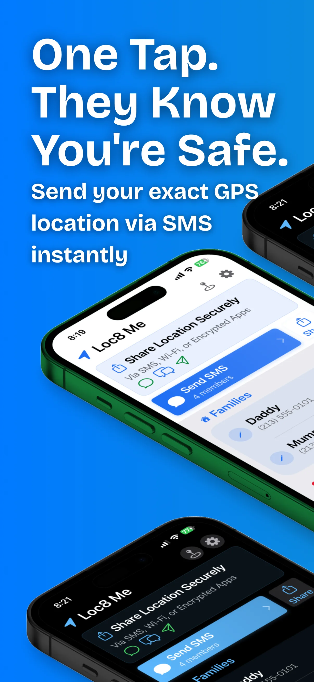 Loc8 Me's Share Location Securely screen, ready to send an SMS to 4 family members