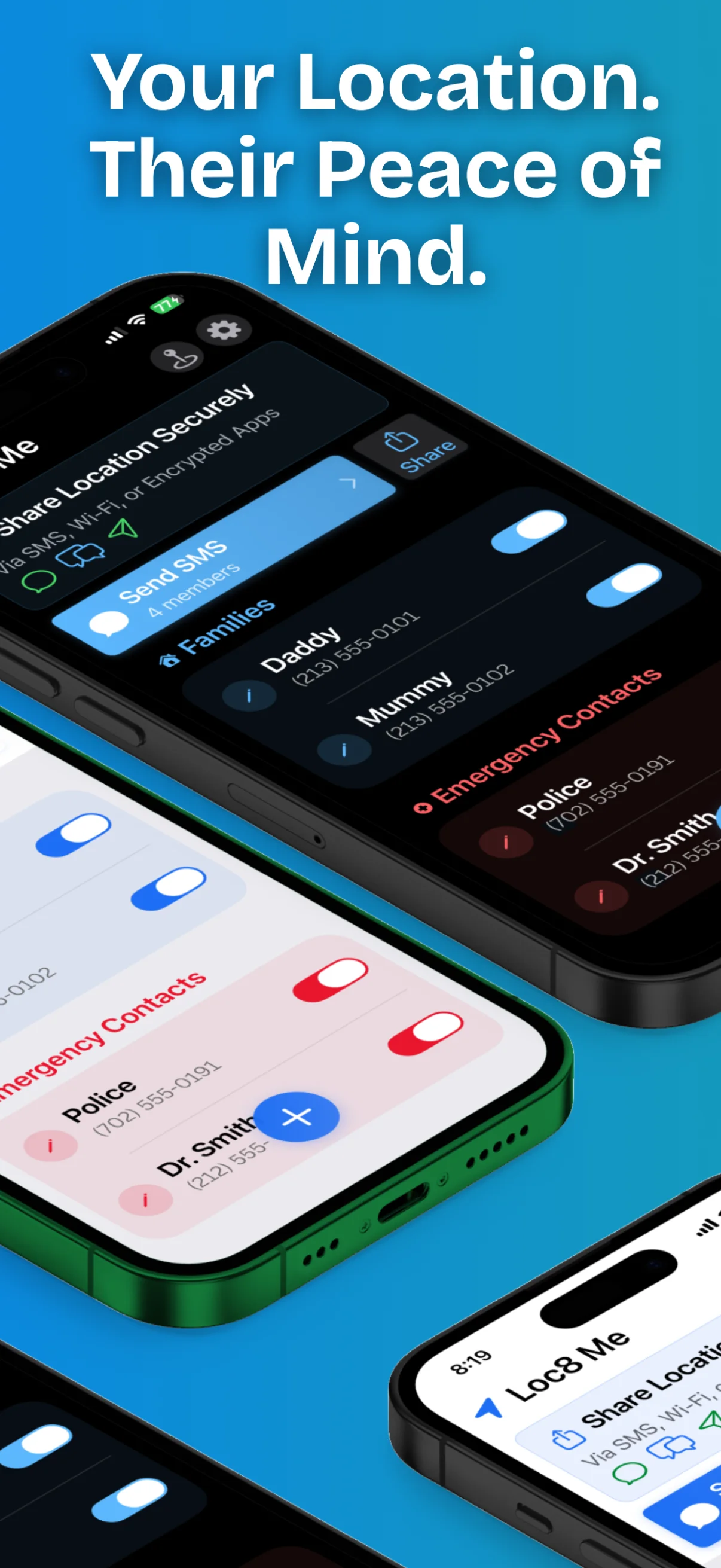 Loc8 Me's contact list in dark mode, each contact with its own sharing toggle