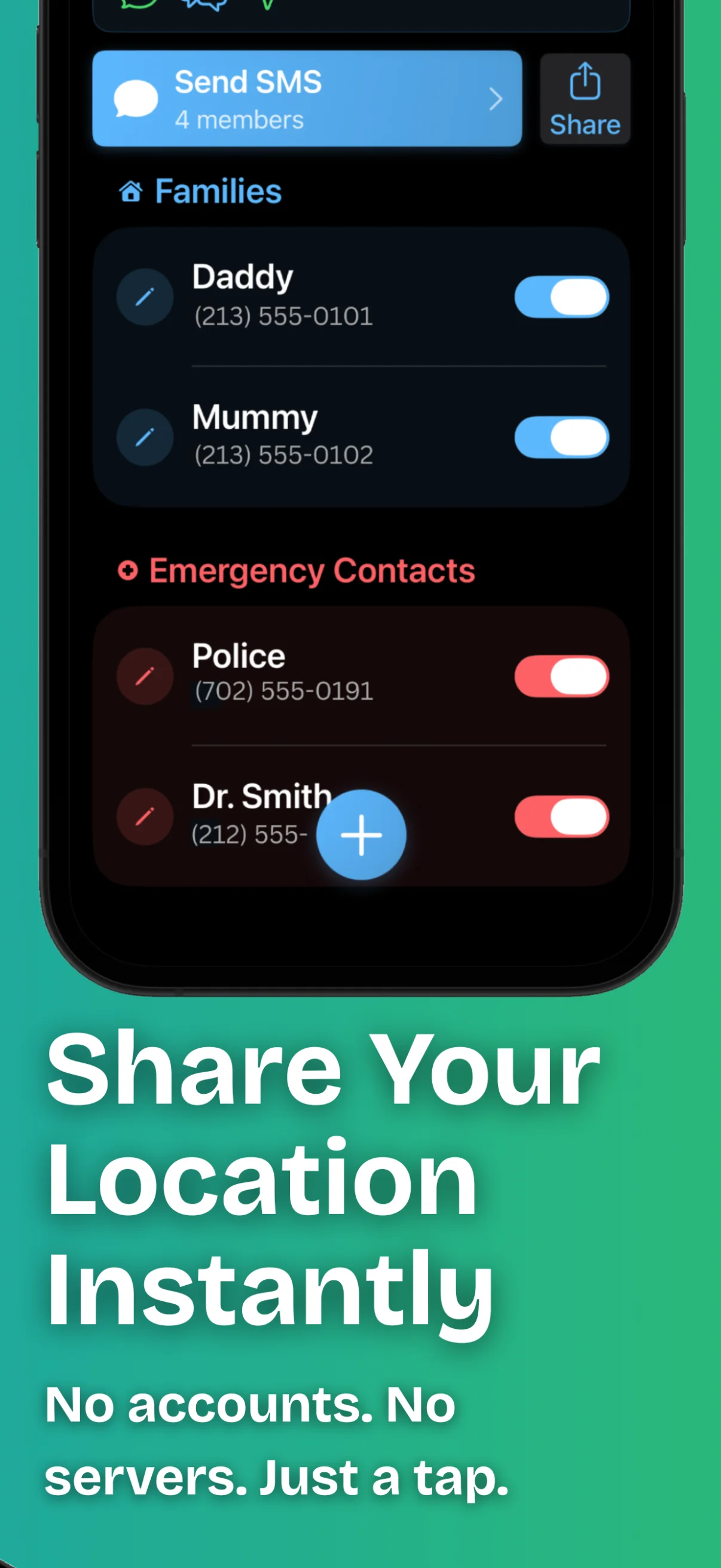 Loc8 Me's Families and Emergency Contacts list, with a share-location screen in the background