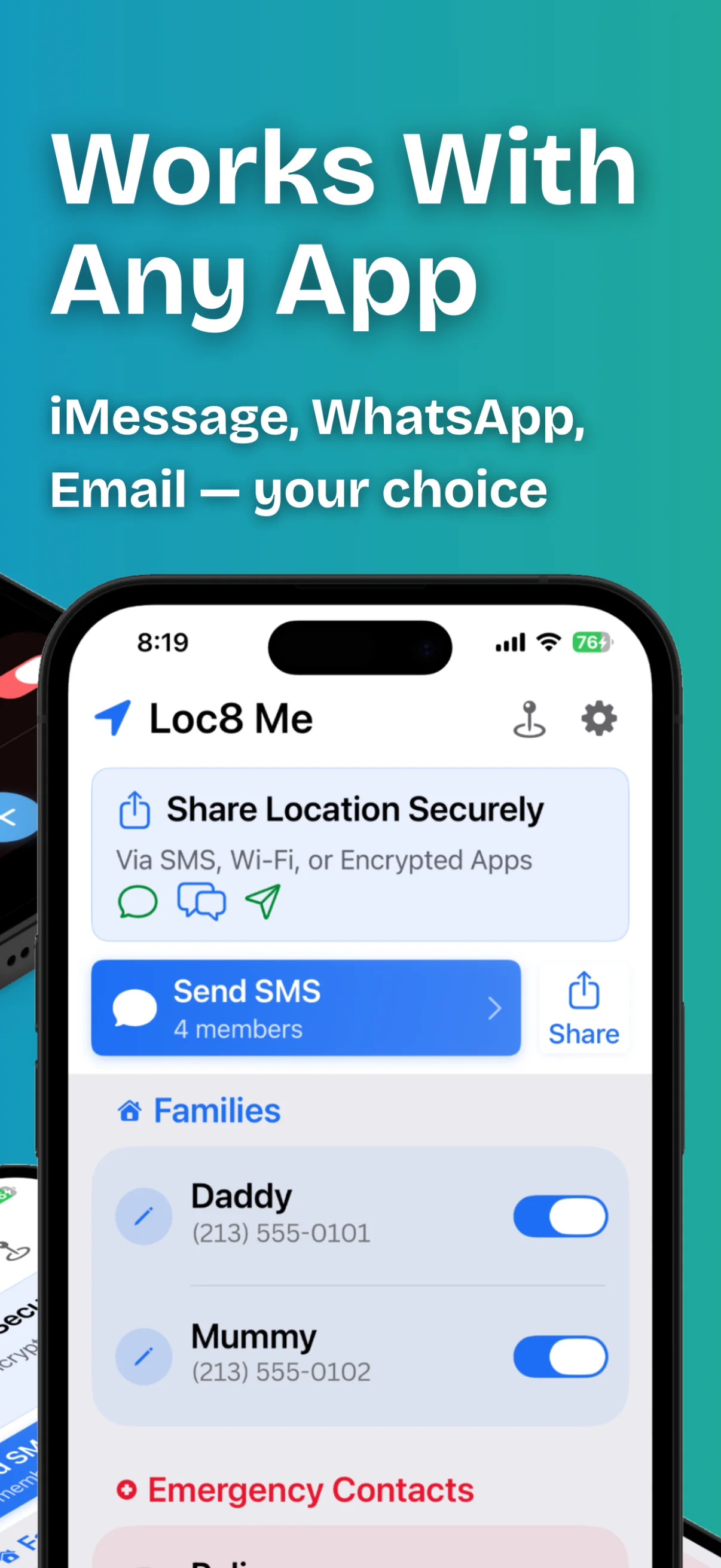 Loc8 Me's main screen with Send SMS and Share buttons, and the Families contact list below