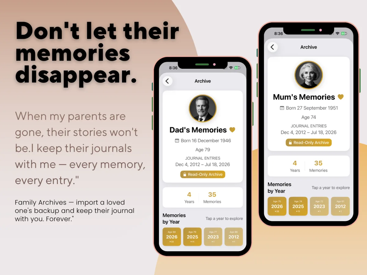 Archive screen showing Dad's and Mum's memories, preserved as a read-only journal