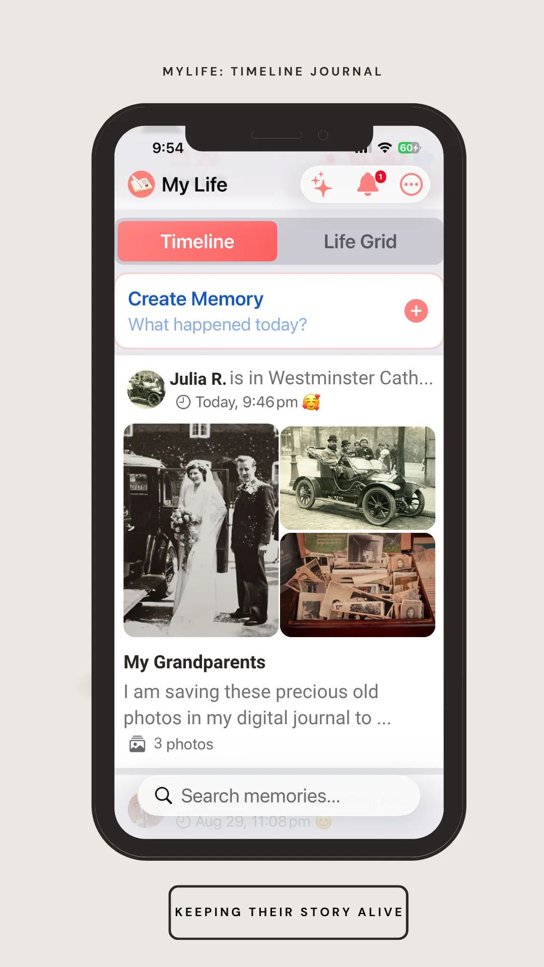 A MyLife memory titled My Grandparents, preserving scanned family photos