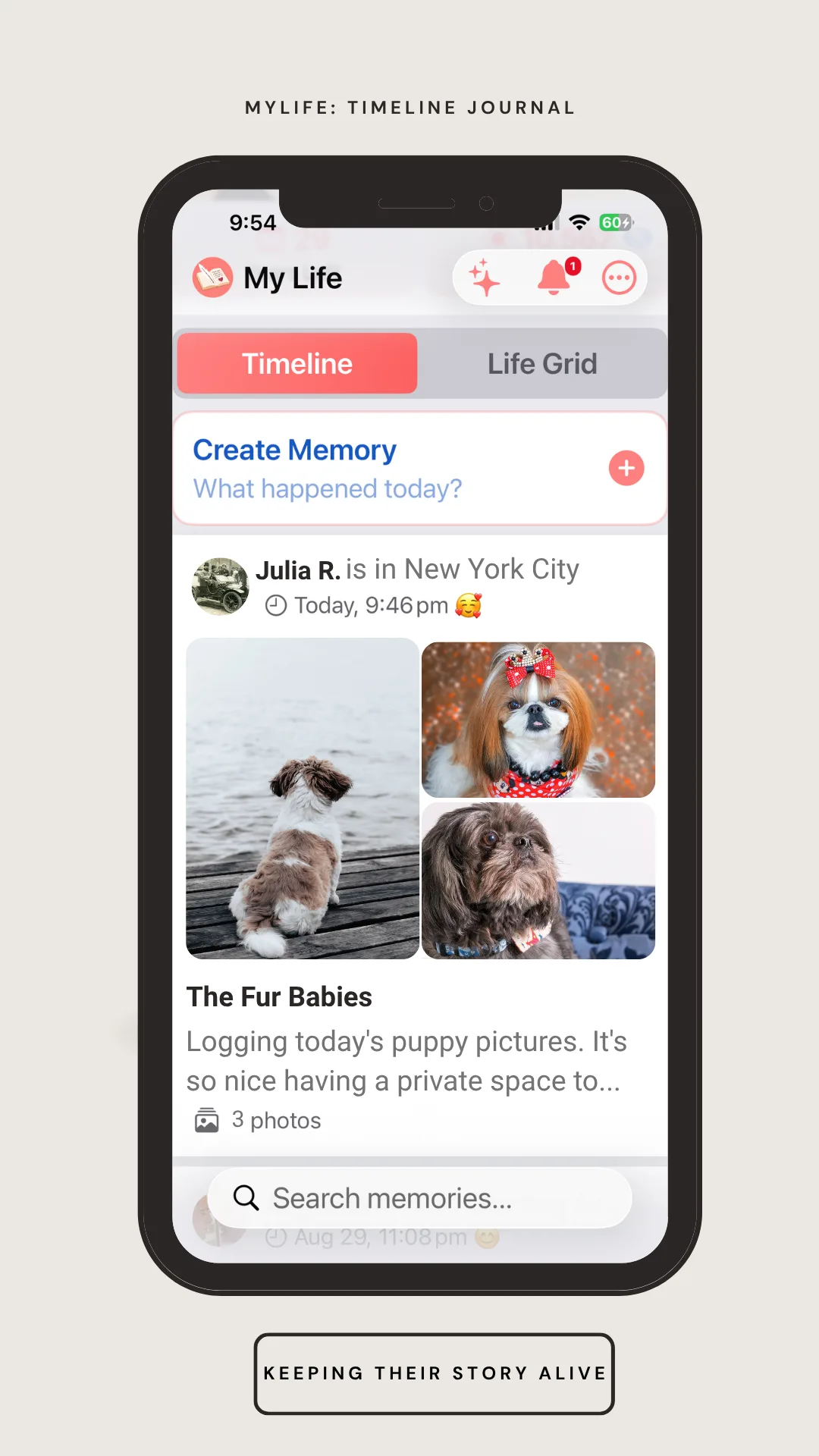A MyLife memory titled The Fur Babies, keeping private pet photos