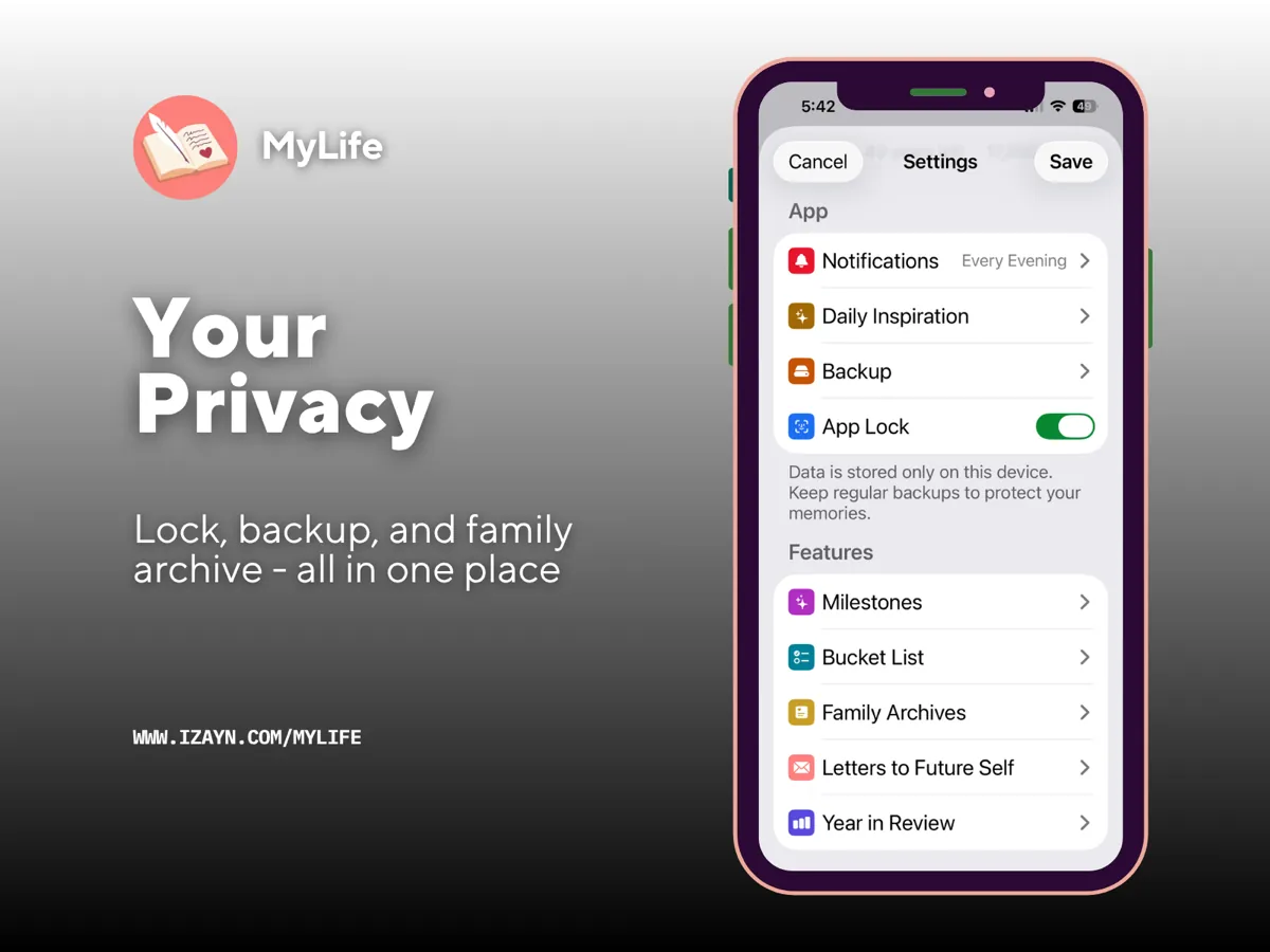 Settings screen showing App Lock, Backup, and Family Archives